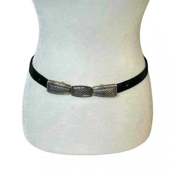 Brighton Reversible Black/Brown Skinny Belt w/ hook & eye two-tone gold/silver M - Picture 1 of 4